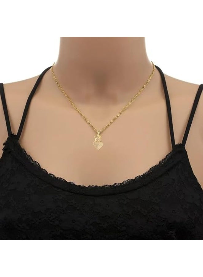 14K Yellow Gold Heart Crown Necklace - 14K Yellow Gold Royal Charm Crown Necklace with Chain for Women - Image 2